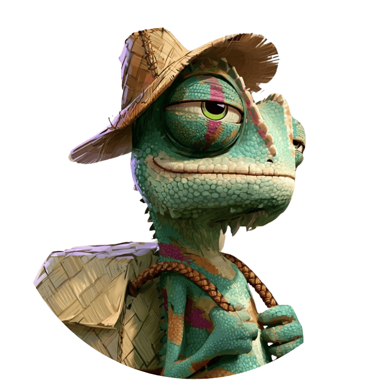 Weedy, le caméléon de Weedy Wonka, avec son chapeau de paille et son sac tressé